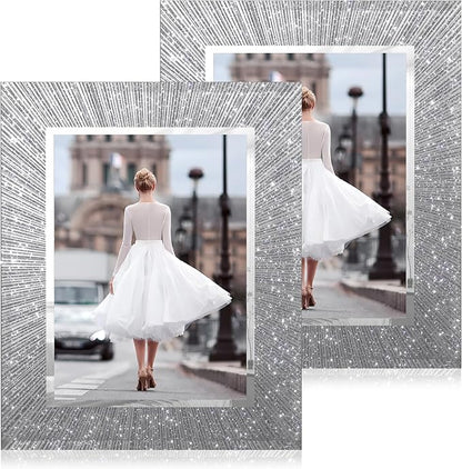 6x8 Picture Frame Glass 2 Pack, Sparkly Glitter Photo Frame 6 x 8 Mirror Crystal Wedding Gift Wall and Tabletop Display