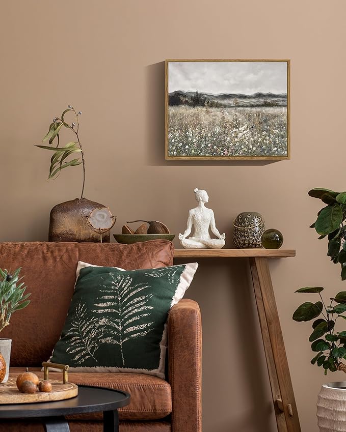 SHENIFY Vintage Landscape Framed Canvas Wall Art Prairie in Full Bloom Classic Painting Modern Farmhouse Bathroom Office Decor - 11x14in Natural Framed