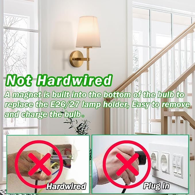 Wireless Sconces Set of 2,Battery Wall Sconce Including 10000mAh Large Capacity Dimmable Magnetic Battery Operated Light Bulbs, Easy to Installed in Any Area Without Hiring Electrician