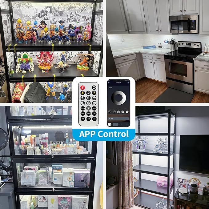 4pcs LED Display Case Cabinet Lights Plug in, Under Shelf Lighting 12 inch 12V 6000K Daylight White Dimmable Timer with Remote Smart App Control for Shelves Kitchen Counter Cupboard