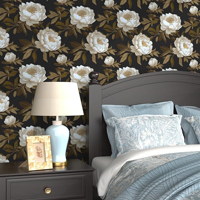 Peony Floral Wallpaper Peel and Stick Gold Leaf Contact Paper Modern Floral Wallpaper Self Adhesive Waterproof Boho Botanical Wall Paper for Room Shelves Cabinet Drawer Table Decor 17.5"x118"