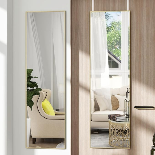 Full Length Door Mirror 14x48, Metal Frame with Protective Film, No-Drilling Hanging or Wall Mount (Horizontal/Vertical), Hooks & Hardware Included, Full Body Mirror for Bedroom, Dorm, Gold