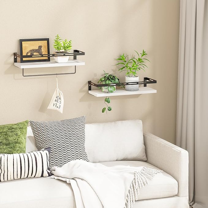 YGEOMER Floating Shelves for Bathroom Organizer Over Toilet, Wall Mounted Bathroom Shelves with Towel Bar, Wall Shelf for Bedroom Kitchen Living Room Storage (White-Black)