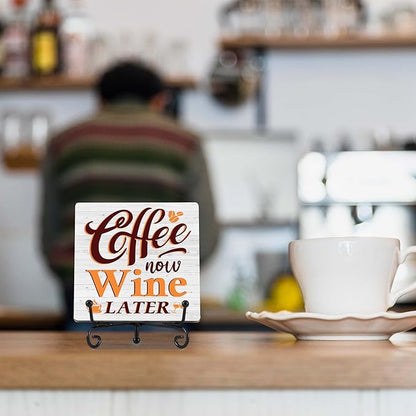 Coffee Bar Decor, Farmhouse Kitchen Table Decor, Coffee and Wine Bar Sign, Wooden Decorative Sign with Iron Stand for Table Desk Shelf Display-E26