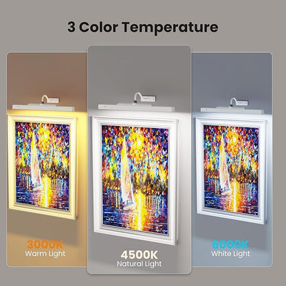 Picture Light with Remote - 16in White Rechargeable Battery Wall Light for Paintings, Cordless Wall Sconce for Art Painting & Photo Frames, 5000mAh with Timer, 350LM Brightness (3-Pack)