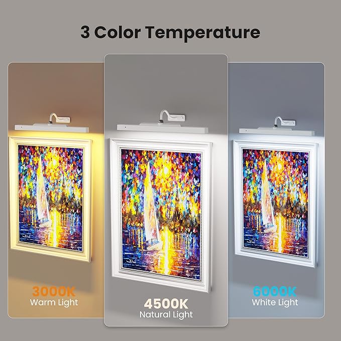 Cordless White Picture Lights for Wall Artworks - Wireless Remote, 3 Modes Dimmable 350LM Above Frame Lighting, 5000mAh Rechargeable Battery Wall Mount for Photo, Gallery,Paintings,Dartboard(2-Pack)