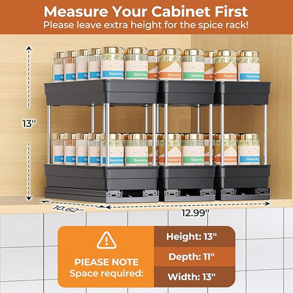 Pull Out Spice Rack Organizer for Cabinet, Slide Out Spice Racks Organizer, Easy to Install Spice Cabinet Organizers, 4.33''Wx10.62''Dx8.66''H, 3 Packs -2 Tiers (Black)