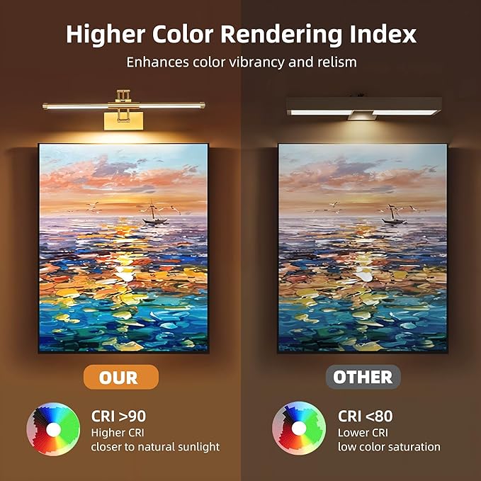 24“ Picture Lights for Wall, 8000mAh Rechargeable Wireless Picture Light with Remote, LED Wall Lights 3000K/4000K/6000K Dimmable, Art Lighting for Paintings Frame Gallery Dartboard, Brass