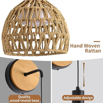 Rattan Wall Sconce, Wall Sconces Set of Two Battery Operated with Remote Control, 3 Colors Dimmable,Boho Upgrade Rechargeable Sconces Set of 2 for Bedroom, Living Room, Entryway (Black)