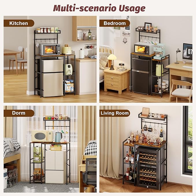 Mini Fridge Stand with Storage Shelves, Kitchen Bakers Rack, Coffee Bar, Microwave Oven Stand, Wine Cabinet, Refrigerator Stand with 5 Lockable S Hooks for Dorm, Apartment, Living Room, Office