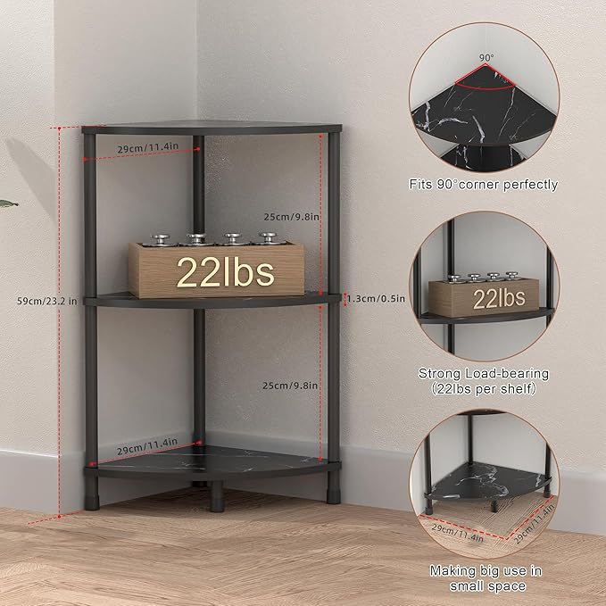 Book Small Corner Shelf, 3 Tier Corner Bookshelf Display for Living Room Decor, 23.2