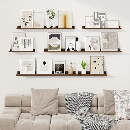 RICHFOCUS Picture Ledge Shelf, 36 inch Floating Shelves Set of 2, Wood Wall Shelves with Lip, Wall Decor Storage for Bedroom Living Room Bathroom Kitchen Nursery Photo Picture, Walnut