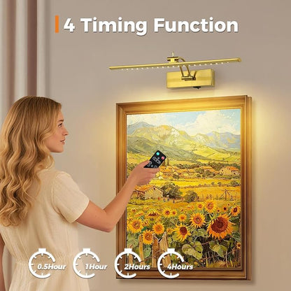 JOOSENLUX Battery Operated Picture Light - Wireless Art Display Light with Dimmer, Timer Off and Swing Arm, 5000mAh Rechargeable Battery, 16-Inch Brass Wireless Wall Sconce
