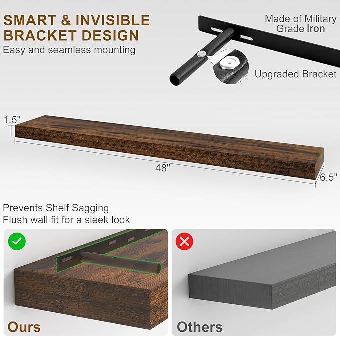 Fun Memories Floating Shelves for Wall, 48Inch Long Floating Shelves Set of 1, Hanging Shelf with Invisible Brackets, Wood Shelves for Living Room, Bedroom, Kitchen, Brown