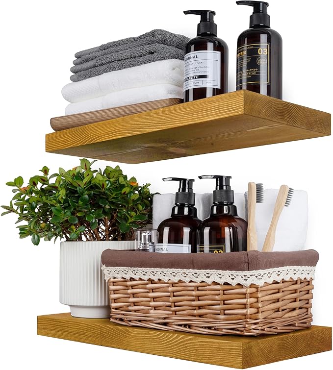 BGMG Wood Floating Shelves for Wall 18 inch Set of 2, Rustic Wooden Wall Mount Shelves for Living Room Bedroom Kitchen Farmhouse-18x6.7x1.25 inch- Gold Oak