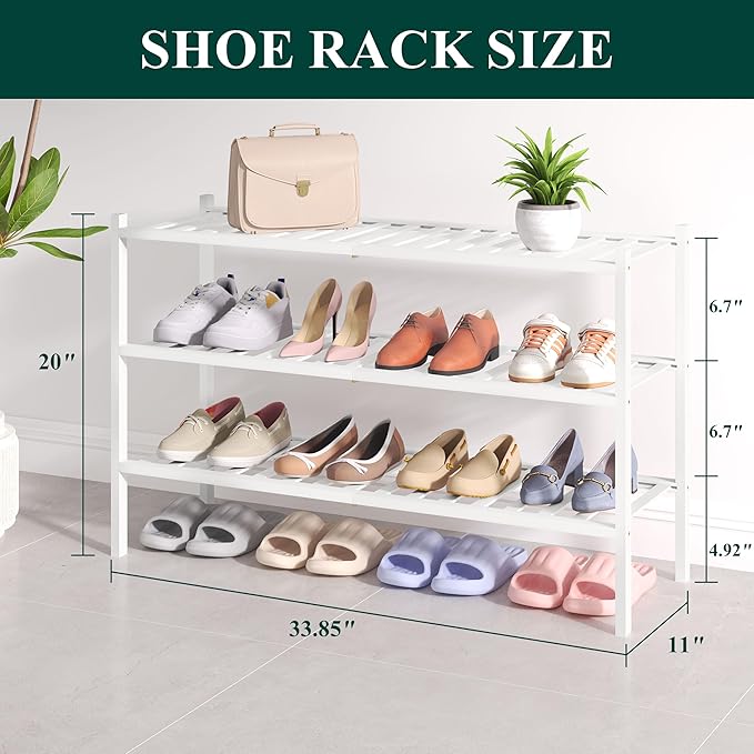 Smiry Bamboo Shoe Rack for Closet, 3 Tier Long Wooden Stackable Shoe Organizer, Free Standing Shoes Storage Shelf for Entryway, Front Door Entrance, White