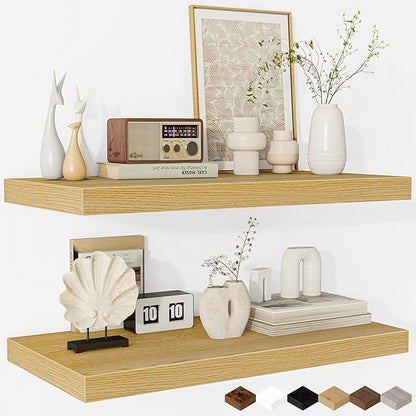 Fun Memories Floating Shelves - 2 Pack 12 Inch Deep Rustic Wooden Wall Shelves - Extra Deeper & Thicker Wall Mounted Storage Shelf for Living Room, Kitchen, Farmhouse - 24" W x 12" D x 1.5" H - Oak