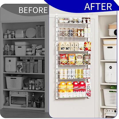 MIAOLI Over the Door Organizer, White 6-Tier Pantry Door Organizer with Adjustable Basket, Hanging Spice Rack Cabinet Door Shelves, Laundry Room Organization and Storage