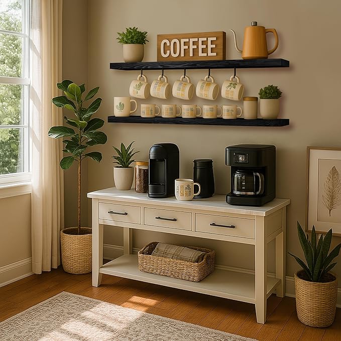 BGMG Wood Floating Shelves for Wall 54 inch Set of 2,Black Floating Shelves,Solid Wood Wall Mount Shelves for Bathroom Living Room Bedroom Kitchen Farmhouse -54x 6.7 x1.75 inch