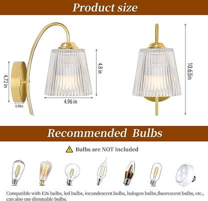Vintage Battery Wall Sconce with Flower lampshade,Rechargeable Battery Powered Wall Lights,Wall lamp with 15 Colors for Bedroom Living Room Home Decor (Clear Stripe, 2 Light Battery Operated)