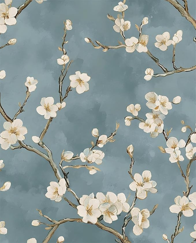 Blue Floral Wallpaper Peel and Stick Vintage White Flowers Contact Paper Vinyl Self Adhesive Removable Retro Cherry Blossom Wall Mural Wall Paper for Room Walls Shelve Cabinet Table Decor 17.5" x 118"