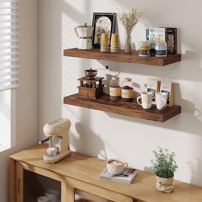 Fun Memories Floating Shelves for Wall, 32 Inch Long Floating Shelves Set of 2, 32 x 10 Wooden Shelves for Wall, Large Storage Shelves, Hanging Shelves for Bathroom Kitchen Bedroom, Rustic Brown