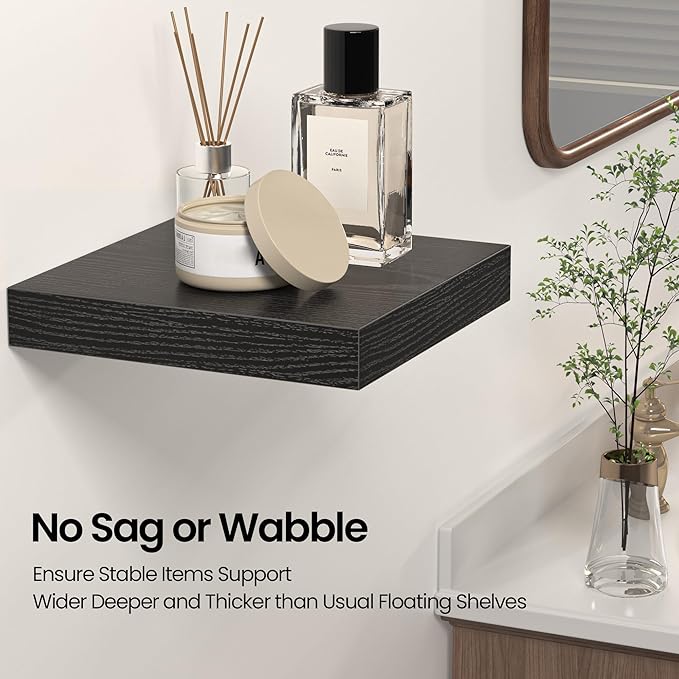 Square Floating Shelves for Wall, 10" W x 10" D x 1.4" H, Small Wooden Wall Mounted Display Shelves with Invisible Brackets for Living Room, Bedroom, Bathroom, Kitchen Decor, Set of 4, Black