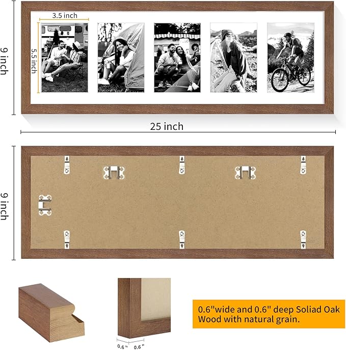 puthiac 8x24 Oak Wood Picture Frame - 8x24 Photo Frame with Mat Display 5Pcs 4x6 Photos, 4x6 Picture Frame Wood, Natural Solid Wooden Picture Frames for Wall Art Decor(1 Pack, Walnut)