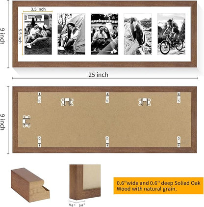 puthiac 8x24 Oak Wood Picture Frame - 8x24 Photo Frame with Mat Display 5Pcs 4x6 Photos, 4x6 Picture Frame Wood, Natural Solid Wooden Picture Frames for Wall Art Decor(1 Pack, Walnut)