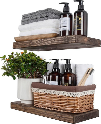 BGMG Floating Shelves 16 inch Long, Distressed Rustic Wooden Wall Shelves for Bathroom Living Room Bedroom Kitchen Farmhouse Set of 2-16x6.7x1.25 inch-Distressed Walnut