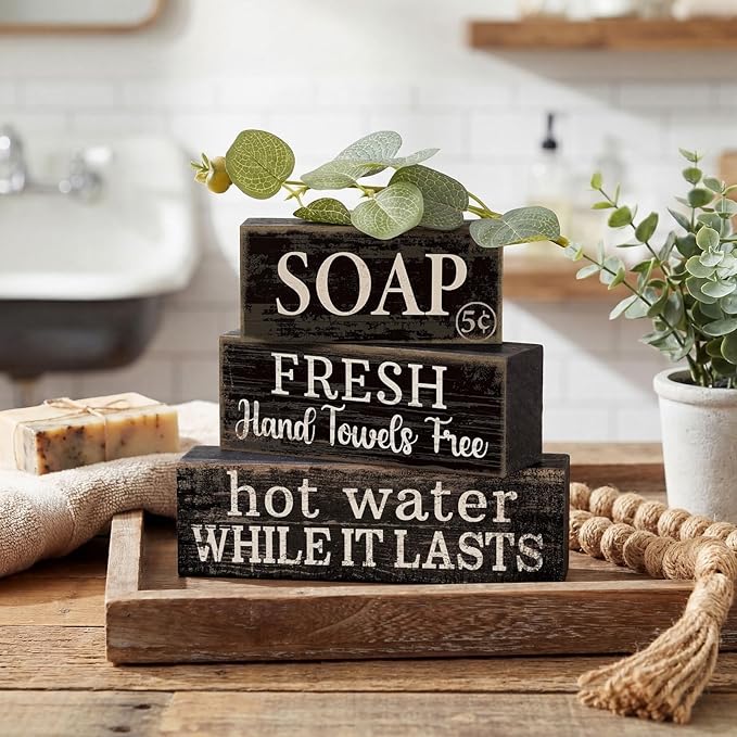 4 Pcs Bathroom Shelf Decor Sign Farmhouse Bathroom Decor and Accessories Rustic Eucalyptus Leaves Block Sign Soap Fresh Hand Towel Free Table Centerpiece for Home Toilet Hotel Campsite