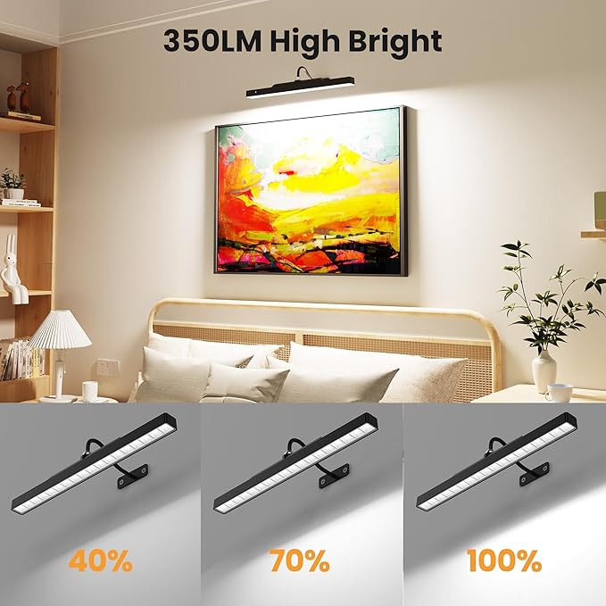 Dimmable Cordless Picture Light with Controller and Timer, Rechargeable 5000mAh Battery Wall Sconce for Wall Pictures, 16in Wall Light for Gallery Artwork, Paintings, Phote, Portraits - Black