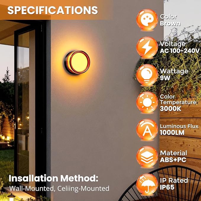 Round LED Wall Sconce Light, Waterproof IP65 9W 3000K Warm White Modern Wall Sconces, Hardwired Minimalist Indoor Wall Lights for Bedroom, Hallway, Staircase, Living Room, Background Decor Lighting