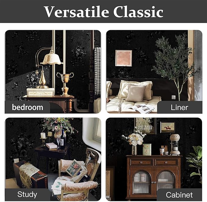 Dimoon 17.7''x118'' Peel and Stick Wallpaper Black Contact Paper Gothic Floral Modern Wall Paper Renter Friendly Self Adhesive Damask Cabinet Vinyl Roll(118''x17.7'', Black Floral Textured)