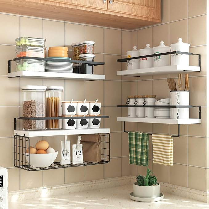 White Wood Floating Shelves Wall Mounted - 4+1 Tier Rustic Bathroom Wall Shelves Over Toilet with Wire Storage Basket and Towel Bar, set of 4 Farmhouse Floating Shelf for Bathroom, Kitchen, Bedroom.
