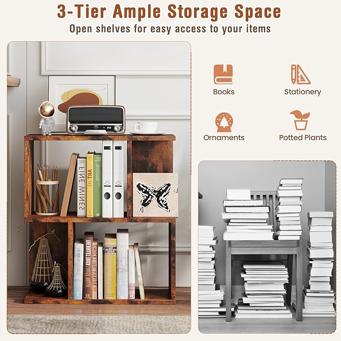 Tangkula 3 Tier Geometric Bookshelf, S Shaped Open Bookcase with Storage, Home Office Decor, Freestanding Wood Display Shelf for Living Room Study, Small Bookshelf for Small Spaces (2, Rustic Brown)