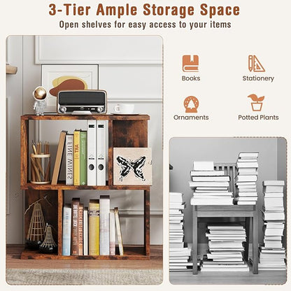 Tangkula 3 Tier Geometric Bookshelf, S Shaped Open Bookcase with Storage, Home Office Decor, Freestanding Wood Display Shelf for Living Room Study, Small Bookshelf for Small Spaces (2, Rustic Brown)