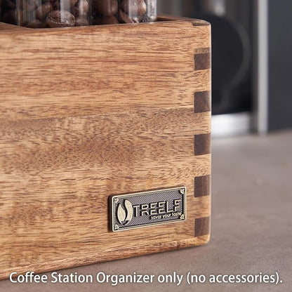 Acacia Wood Coffee Station Organizer for Countertop, Coffee Pods Holder & Condiment Storage Basket, 12-Inch Rustic Farmhouse Bar Decor for Tea Cups, Syrup, Stirrers, Accessories