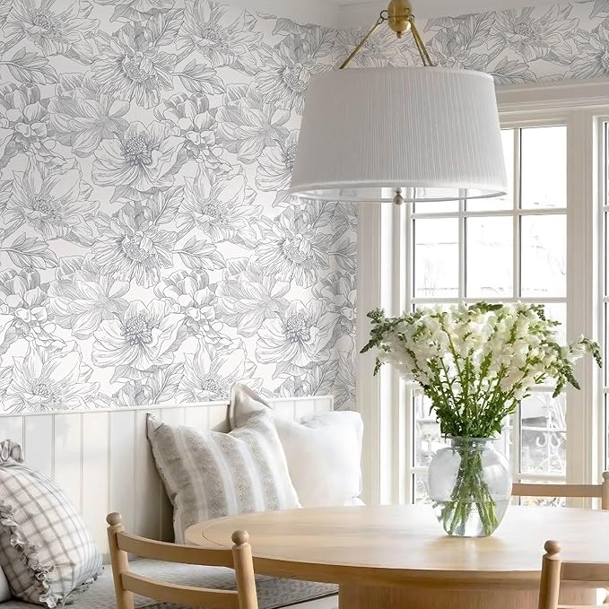 Ismoon Vintage Floral Wallpaper Peel and Stick Boho Beige and Gray Contact Paper 17.3inx6.5ft Removable Self Adhesive Wall Paper for Bathroom Bedroom Cabinet Mural Wall Decor Vinyl Renter Friendly