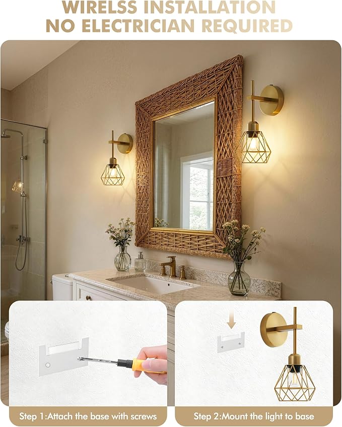 Gold Hollow Wireless Battery Operated Wall Sconces Set of 2, 8000mAh Rechargeable Dimmable Wall Light with Remote, Cordless Battery Powered Lamp Decor Fixture for Bedroom Living Room Hallway