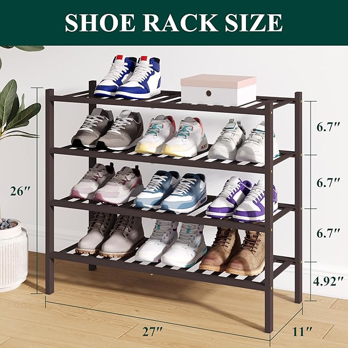 Smiry Bamboo Shoe Rack for Closet, 4 Tier Wooden Stackable Shoe Organizer, Free Standing Shoes Storage Shelf for Entryway, Front Door Entrance, Brown