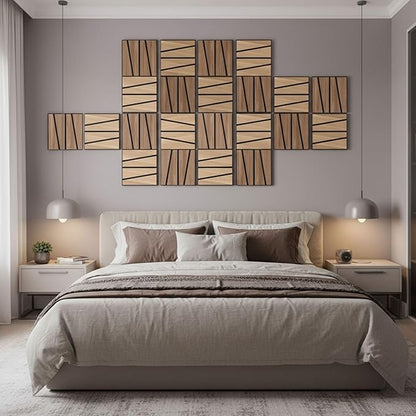 WoveN SounD Artisan Acoustic Wall Panels, 16 Pack 12x12 Inch, Wood Veneer Carved Sound Proof Wall Decor, Self-Adhesive for Home, Studio, Office & Focus Zones, Cut Prism, Natural Oak