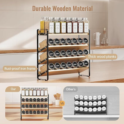 MUDEELA 4 Tier Spice Rack Organizer for Cabinet, Wooden Vertical Spice Shelf, Seasoning Organizer for Countertop, Kitchen, Pantry, Freestanding, 13.4" W × 11.2" H (No Jars Included), Black