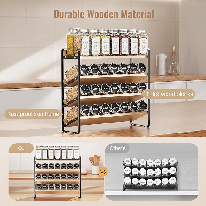 MUDEELA 4 Tier Spice Rack Organizer for Cabinet, Wooden Vertical Spice Shelf, Seasoning Organizer for Countertop, Kitchen, Pantry, Freestanding, 13.4