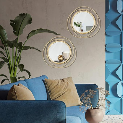 Cityelf 2 Set 13.3'' Gold Circle Mirrors Wall Decor Iron Frame Round Wall Art Hanging for Living Room/Bedroom/Bathroom/Entryway (Medium Size 13.3 inch)
