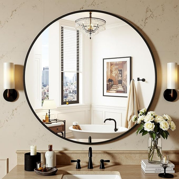 Antok 20 Inch Round Mirror for Wall, Round Bathroom Mirror, Circle Wall Mirrors with Black Metal Frame, Circle Mirrors Suitable for Wall, Bathroom, Vanity, Living Room, Entryway
