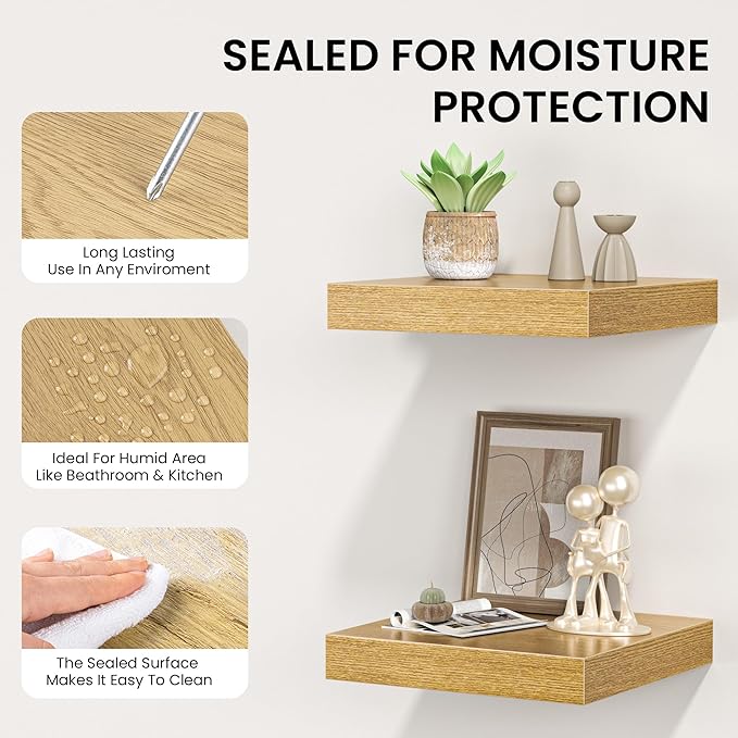 24 Inch Floating Shelves for Wall, Wooden Wall Mounted Display Shelves with Invisible Brackets for Living Room, Bedroom, Bathroom, Kitchen Decor and Storage, Set of 2, Oak