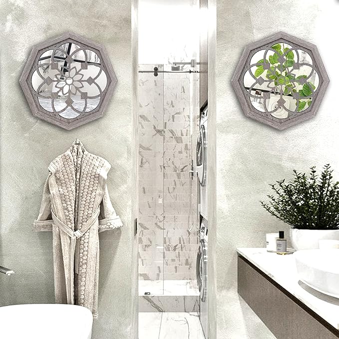 2 PCS Octagon Wall-Mounted Mirrors,Vintage Farmhouse Mirror for Wall Decor,Barn Wood Color Decorative Accent Mirror for Foyer, Bathroom, Bedroom. (12”x12”)
