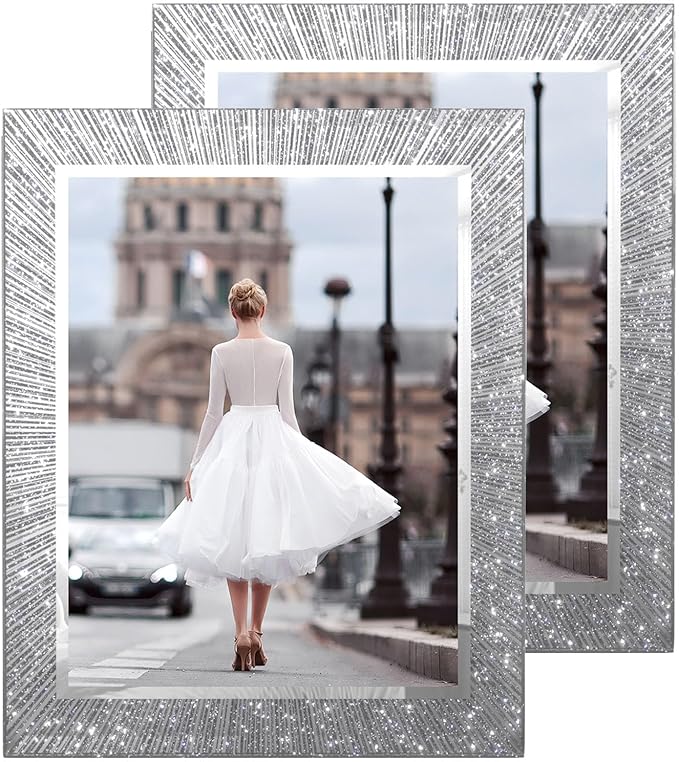 8.5x11 Glass Picture Frame Set of 2, Glitter Photo Frame for Tabletop or Wall Display, Spaekle 8.5 by 11 Silver Wedding Frame