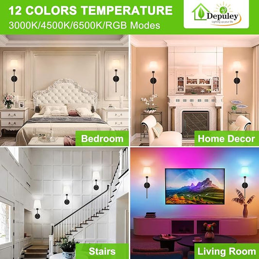 Depuley Battery Operated Wall Sconce: Set of 2 Wireless Wall Lights with Remote for Bedroom - Black Rechargeable 15 Colors RGB Halloween Wall Lamp for Living Room Hallway